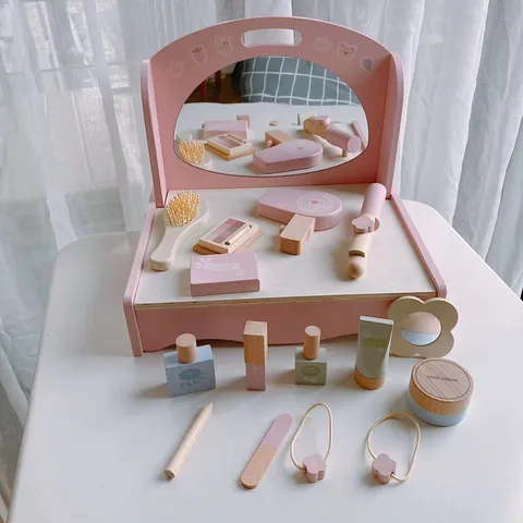 Wooden Pretend Play Makeup Dressing Table Toy Set With Hairdryer Mirror Simulated Cosmetic Accessories For Girls Toddler Gift