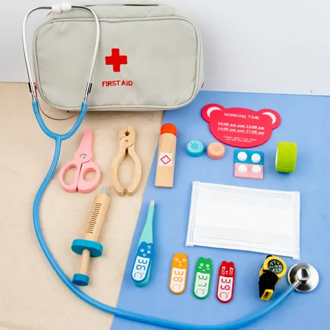 Ensemble de Jouets en Tissu pour Enfants en Bois Simulation Extérieure Premiers Secours Sac Médical Docteur Éducatif Apprentissage Jeu de Rôle