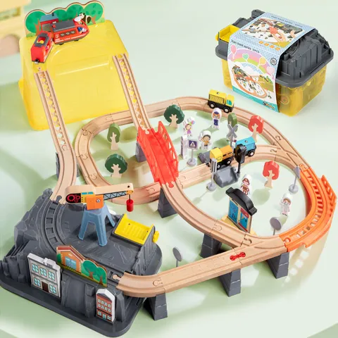 Ensemble de Jouets de Piste de Train en Bois Train Électrique Blocs de Construction Éducatifs Avec Boîte de Rangement Pour Enfants