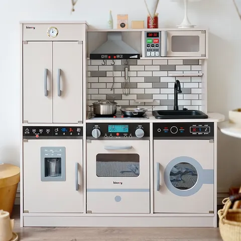 Grand Jouet de Cuisine de Jeu de Rôle en Bois Réfrigérateur de Simulation Set de Batterie de Cuisine Jouet Éducatif Interactif