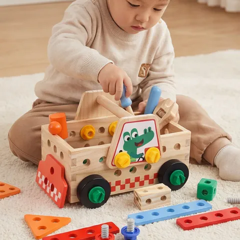 Kinder Holz Werkzeugwagen Spielzeug Montessori Montage Schraube Mutter Bausteine Pädagogisches Lernspielzeug