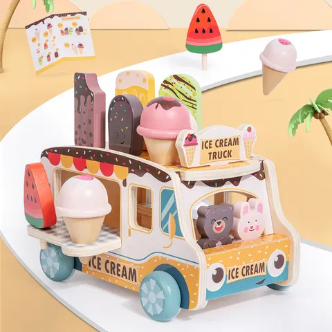 Kinder Holz Eiswagen Rollenspiel Küche Spielzeug Simulation Dessert Lebensmittel Ladenstand Lernspielzeug Geschenk Für Jungen Mädchen