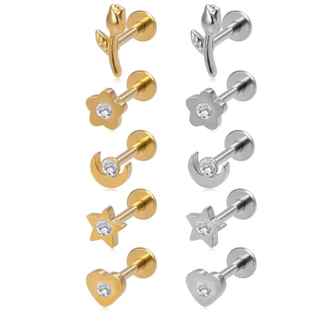 Edelstahl Strass Herz Stern Mond Blume Labret Lippenpiercing Stecker Ohrknorpel Nagel Körperschmuck Für Damen Herren