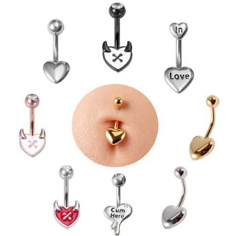 Edelstahl Herz Teufelshorn Bauchnabelpiercing Punk Gotik Kupfer Strass Emaille Graviert Gebogenes Barbell Körper Piercing Schmuck Für Damen Herren