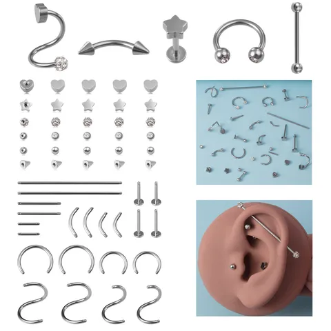Edelstahl Strass Piercing Schmuck Set Hufeisen C-Form Nasenring Ohr Lippe Piercing Ersatzstifte Zubehör