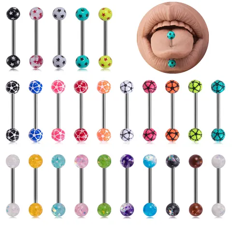 Edelstahl Zungenpiercing Ringe Stern Fußball Acryl Faux Opal Pailletten Zungenstecker 14G Körperschmuck Für Unisex Party