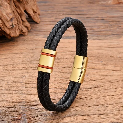 Bracciale da Uomo in Cordino di Pelle Intrecciata Vintage Con Chiusura Magnetica in Acciaio Inossidabile Braccialetto Geometrico a Doppio Filo Minimalista Regalo Gioielli