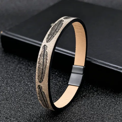 Vintage Embossed Feather Leather Rope Bracelet For Men Stainless Steel Magnetic Clasp Braid Cuff Bangle Punk Trendy Hand Jewelry