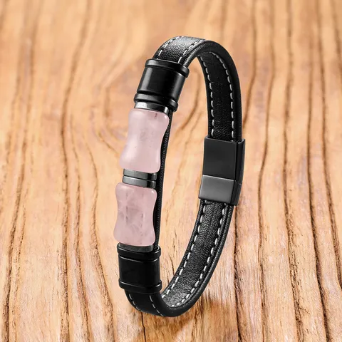Retro Natural Pink Crystal Bamboo Joint Beaded Leather Rope Bracelet For Men Women Stainless Steel Magnetic Clasp Fashion Jewelry