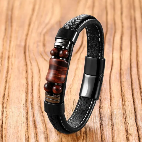 Retro Woven Leather Bracelet Men Vintage Natural Stone Beaded Wristband Stainless Steel Magnetic Buckle Bamboo Joint Jewelry