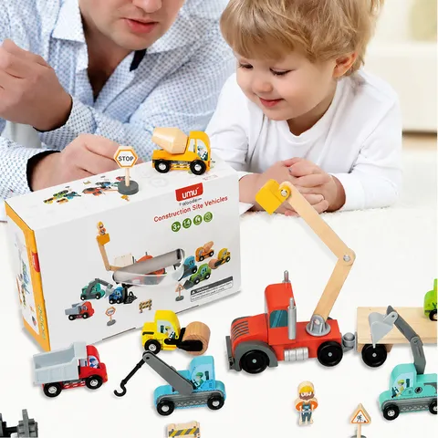 Kids Wooden Engineering Vehicle Toy Set Construction Car Model Excavator Trailer Educational Toys Gift For Boys