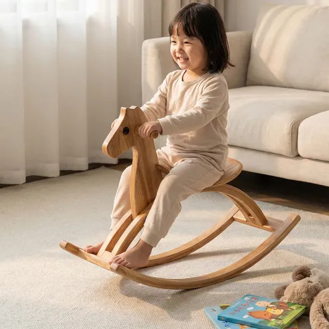 Kids Wooden Rocking Horse Toy Solid Rubber Wood Curved Rocking Horse Infant Toddler Birthday Gift Safe Smooth Ride On Toy