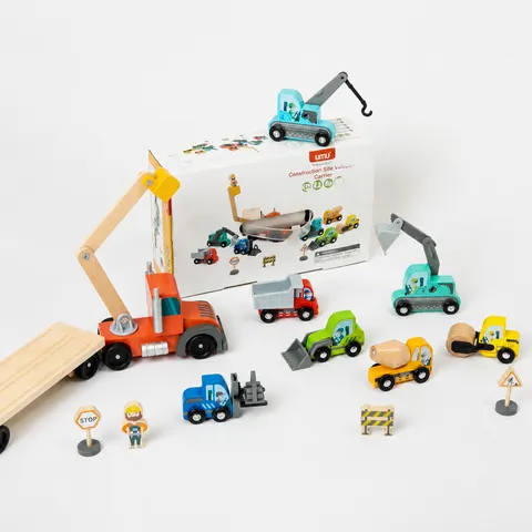 Kids Wooden Engineering Vehicle Toy Set Construction Car Model Excavator Trailer Educational Toys Gift For Boys