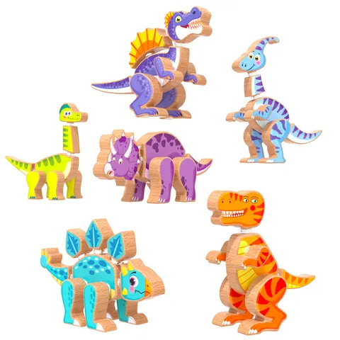 Blocs de Construction DIY Dinosaure 3D Magnétique en Bois Enfants Jouet Éducatif d'Assemblage Créatif