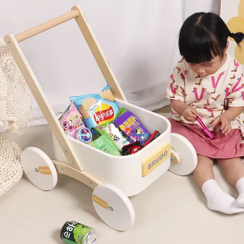 Andador de Madera para Bebé Juguete de Empuje Carrito Educativo de Aprendizaje para Niños Almacenamiento Multifuncional
