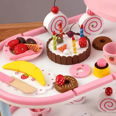 Chariot à Gâteau en Bois pour Enfants Jeu de Rôle Cuisine Ensemble Chariot à Dessert Simulé