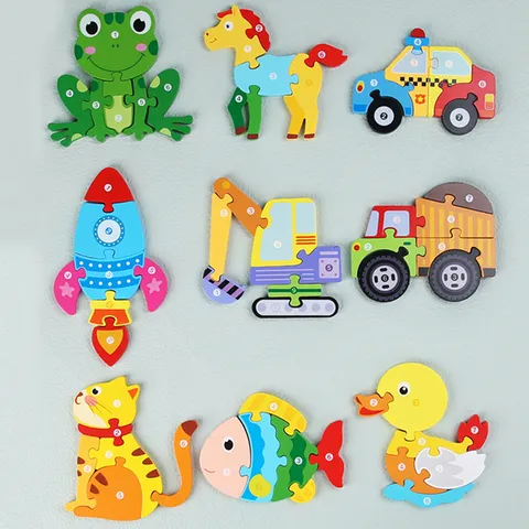 Grand Enfants Bois Dessin Animé Animal et Véhicule Puzzle Bébé Éducatif Apprentissage Précoce Entraînement Cérébral Bloc Jouet