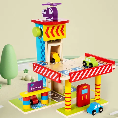 Children Wooden Parking Lot Toy Set Multilayer Assembly Sliding Track Car Helicopter Educational Pretend Play
