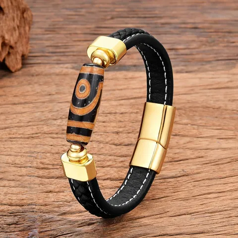 Tibetan Ethnic Style Dzi Bead Leather Bracelet Double Layer Spliced Braided Stainless Steel Magnetic Clasp Men Bracelet Retro Jewelry