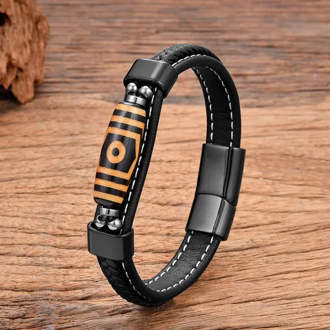 Men Ethnic Style Dzi Bead Leather Bracelet Double Layer Braided Stainless Steel Magnetic Buckle Tibetan Jewelry Gift