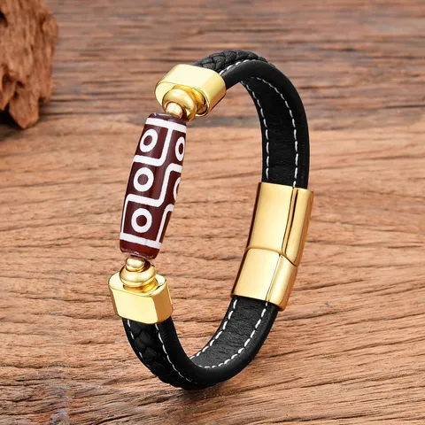 Tibetan Nine Eyed Dzi Bead Braided Leather Bracelet Men Stainless Steel Magnetic Clasp Layered Contrast Line Ethnic Wristband Jewelry