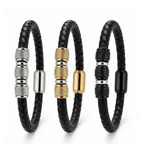Bracciale da Uomo in Pelle Intrecciata Con Chiusura Magnetica Stile Punk Acciaio Inossidabile Perline Braccialetto Gioielli Moda