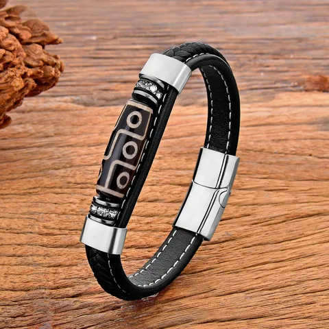 Vintage Stainless Steel Rhinestone Nine Eyed Dzi Bead Double Layer Bracelet For Men Retro Magnetic Clasp Wristband