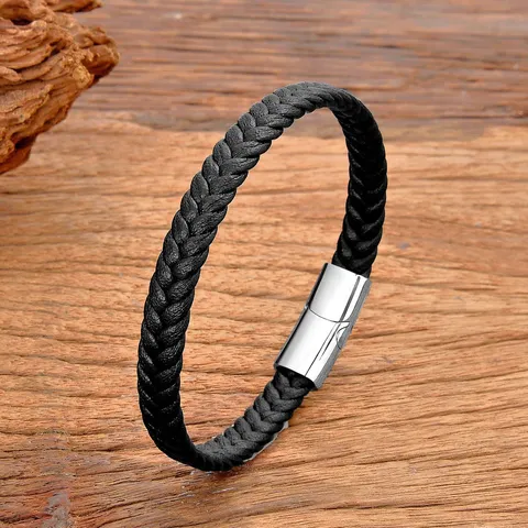 Minimalistisch Vintage Geflochtenes Lederarmband Mit Edelstahl Magnetverschluss Geometrisch Tägliches Pendeln Armband Geschenk Unisex Handschmuck