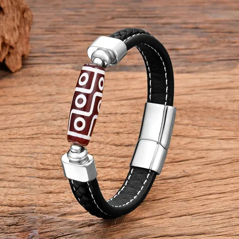 Tibetan Nine Eyed Dzi Bead Braided Leather Bracelet Men Stainless Steel Magnetic Clasp Layered Contrast Line Ethnic Wristband Jewelry