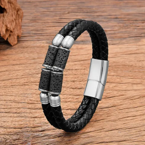Herren Doppelschichtig Geflochtenes Lederarmband Edelstahl Magnetverschluss Minimalistisches Luxus Rindsleder Armband Schmuck Geschenk