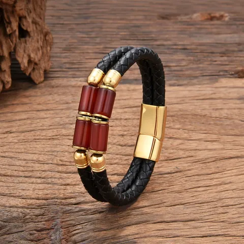 Vintage Geflochtenes Leder Armband Damen Herren Edelstahl Magnetverschluss Naturstein Fassperlen Handschmuck Geschenk