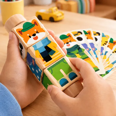 Blocs de Construction Rotatifs Habillage Enfants en Bois Jouet Puzzle Éducatif Apprentissage Précoce Jeu de Correspondance Animaux