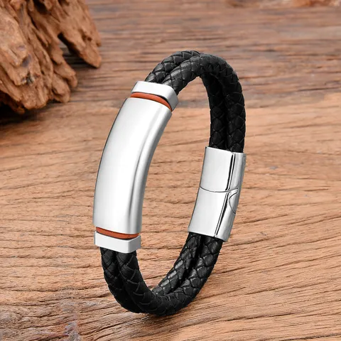 Men's Double Layer Woven Leather Bracelet Stainless Steel Magnetic Buckle Minimalist Braid Hand Wrap Jewelry Boyfriend Style Gift