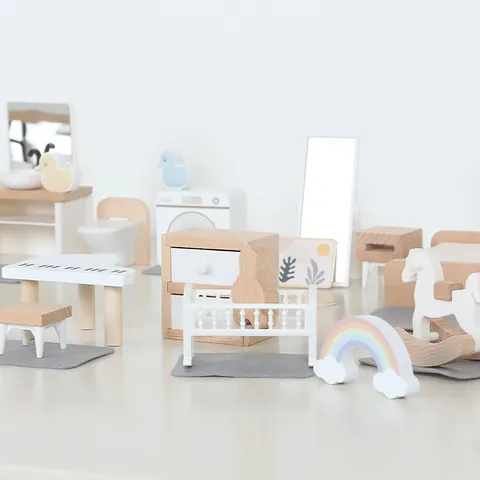 Children's Wooden Dollhouse Miniature Furniture Set Pretend Play Kitchen Living Room Bedroom Bathroom Toy Gift For Girls