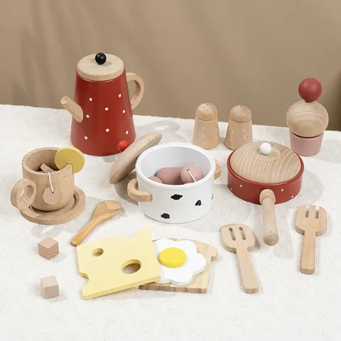 Ensemble de Thé de l'Après-Midi en Bois Jouet de Cuisine Simulation Gâteau Dessert Théière Tasse Jouets Éducatifs Pour Enfants