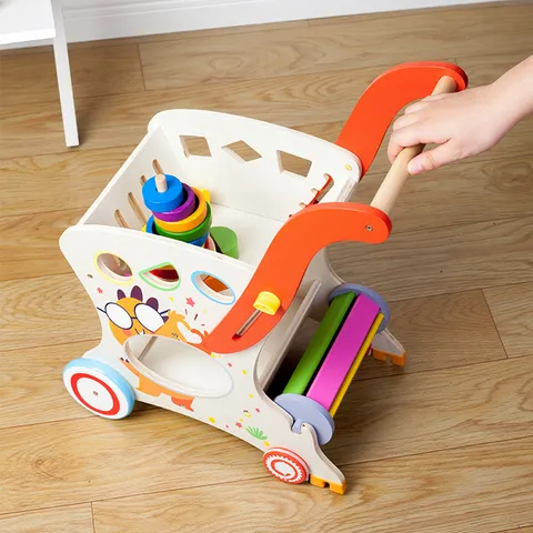 Chariot de Marche en Bois et Jouet de Chariot pour Tout Petits avec Blocs de Tri de Formes et Roues Lisses pour Encourager la Marche