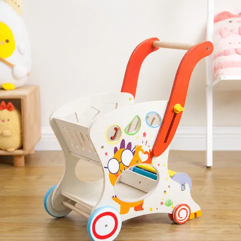 Wooden Baby Walker and Shopping Cart Toy for Toddlers with Shape Sorter Blocks and Smooth Rolling Wheels to Encourage Early Walking