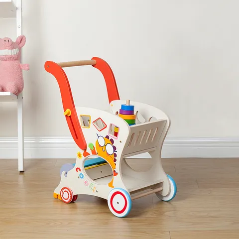 Chariot de Marche en Bois et Jouet de Chariot pour Tout Petits avec Blocs de Tri de Formes et Roues Lisses pour Encourager la Marche