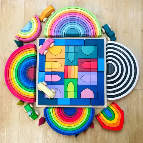 Wooden Rainbow Stacking Blocks Arch Bridge Montessori Educational Toy Kids Creative Building Blocks Color Sorting Game