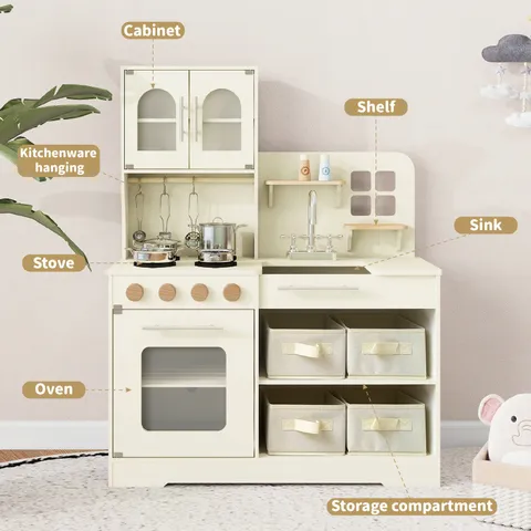 Jouet de Cuisine en Bois pour Enfants Simulation Cuisine Jouet Éducatif Avec Placard Évier Poêle et Ustensiles