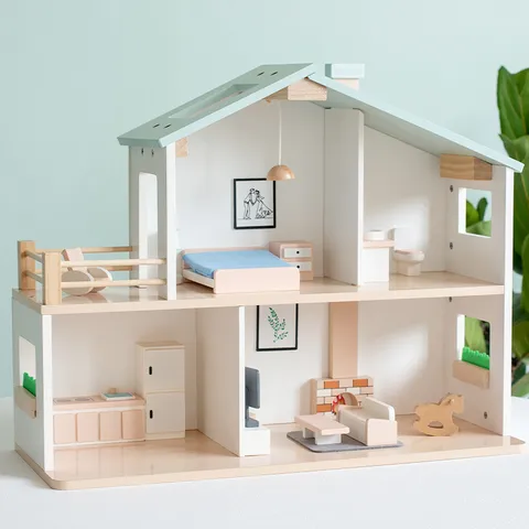 Maison de Poupée en Bois Villa de Jeu de Rôle Avec Meubles Miniatures Jouet Éducatif pour Enfants Style Nordique Cadeau