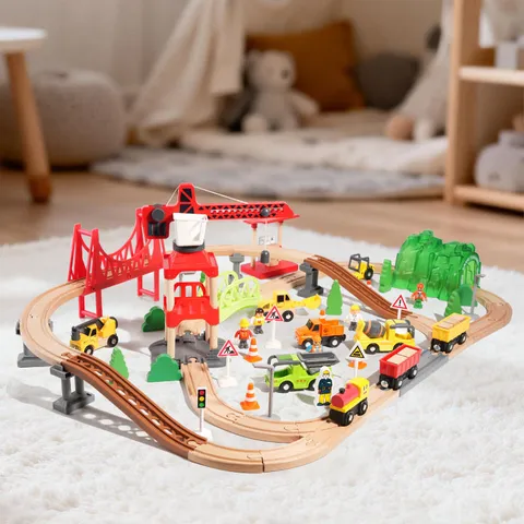 Niños Madera Pista Tren Juguete Set 91 Piezas Deluxe Construcción Escena Educativo Rompecabezas Juguete