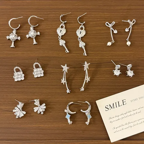 Alloy Rhinestone Cross Heart Earrings Bow Knot Tassel Drop Earrings Vintage Luxurious Jewelry For Women Elegant Star Lock Earrings