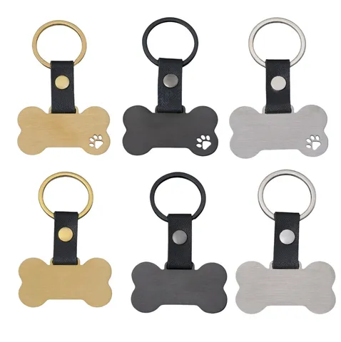 Porte Cles Os Acier Inoxydable Pendentif Patte Chien Cuir Plaque Identite Animal Metal Creatif Anneau Pour Sacs Cadeau