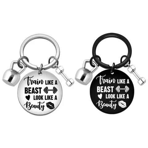 Edelstahl Fitness Thema Schlüsselanhänger Hantel Kettlebell Anhänger Inspirierende Beschriftung Schlüsselring Rucksack Anhänger Für Gym Enthusiasten Geschenke