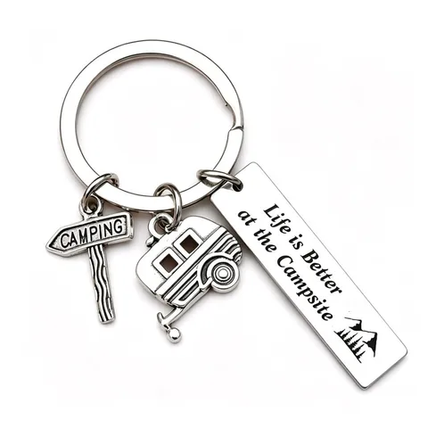 Camping Schlüsselanhänger Edelstahl Für Wohnmobil Liebhaber Geschenk Gravierte Bar Schlüsselring Mit Wohnwagen Und Straßenschild Anhänger Rucksack Deko Reise Souvenir
