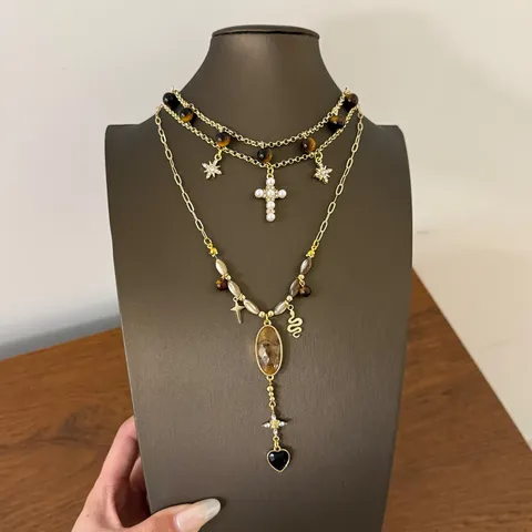 Vintage Legierung Strass Kreuz Stern Anhänger Lagen-Look Kette Mehrlagige Perlen Künstliche Perle Choker Für Damen Schmuck Geschenk