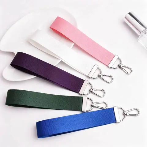 Polyester Solid Color Webbing Keychain Silver Clasp Ribbon Wrist Strap For Car Keys School Bag Charm Minimalist Lanyard Accessories