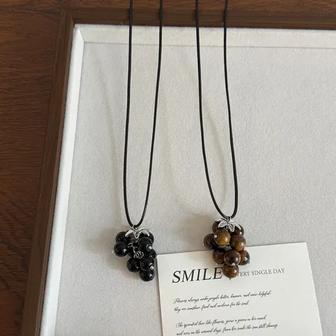 Korean Style Grape Cluster Beaded Pendant Necklace For Women Natural Stone Tiger Eye Alloy Leaf Adjustable Long Sweater Chain Jewelry