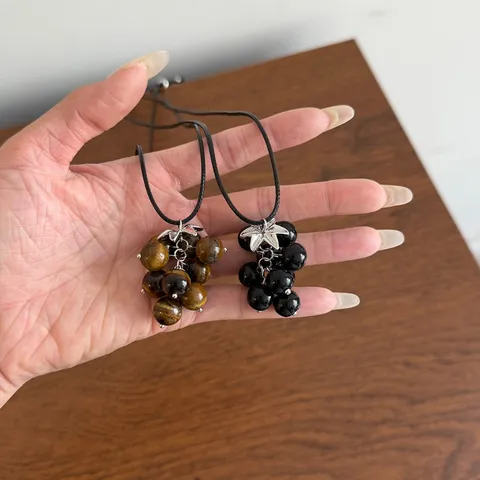 Korean Style Grape Cluster Beaded Pendant Necklace For Women Natural Stone Tiger Eye Alloy Leaf Adjustable Long Sweater Chain Jewelry